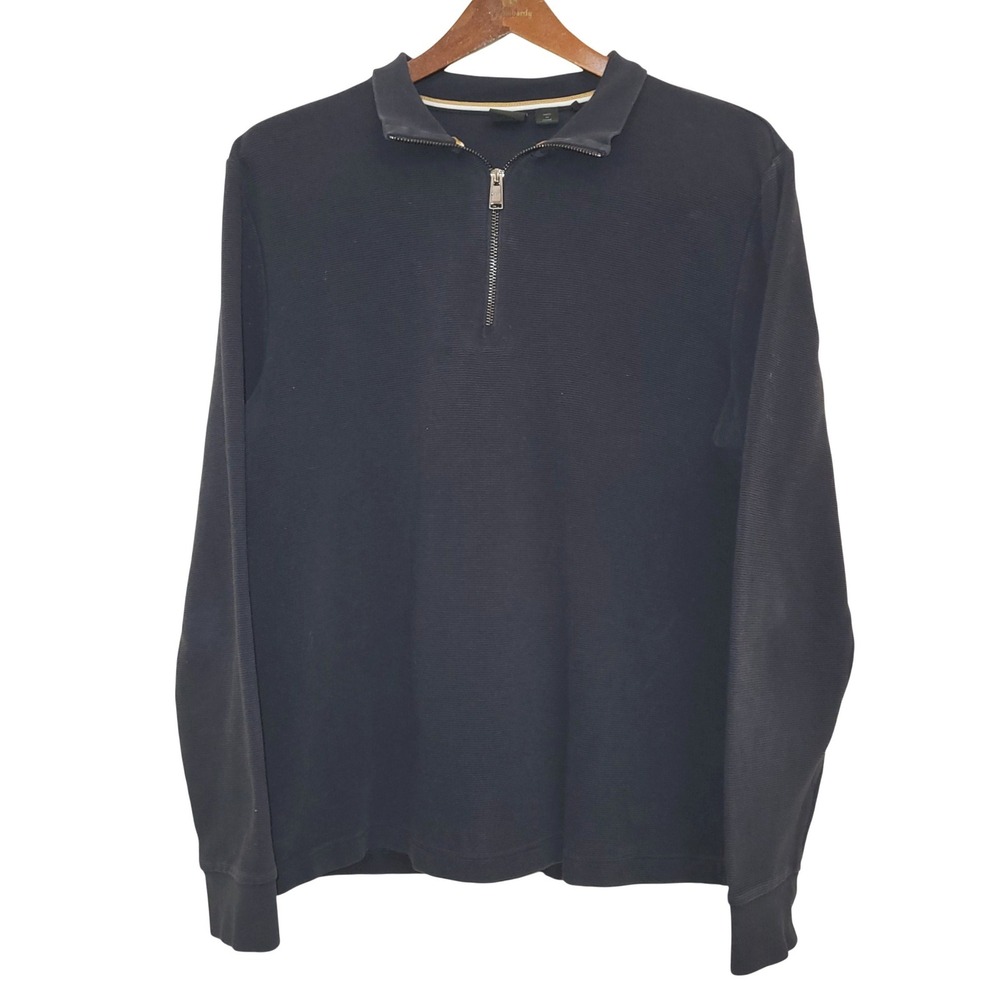 Hugo Boss Quarter Zip Pullover Black Textured Ribbed Cotton Jersey L